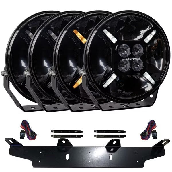 Zusatzscheinwerfer-Set: 4 × LEDFORCE Apex 120W – 4er-PACK LED-Zusatzscheinwerfer inkl. Halterung, Stabilisierungsstreben und Relaiskabelsatz – 9–32V